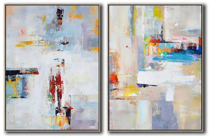 Set Of 2 Contemporary Art On Canvas,Modern Art,White,Blue,Violet Ash,Red,Grey